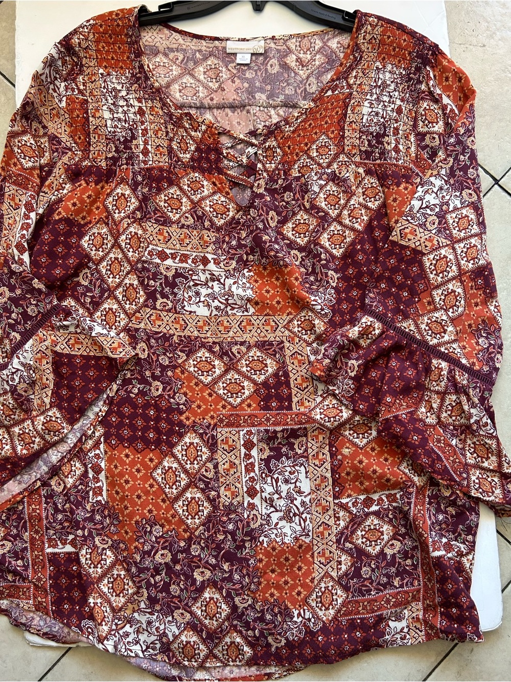 Westport Burgundy and Rust Patchwork Lace-Up Tunic